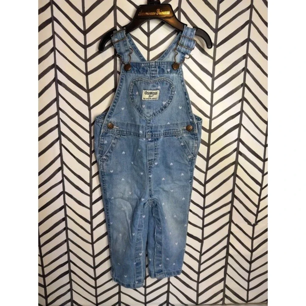 Oshkosh B’gosh Blue White Denim Heart Overalls Baby Girls 12M 7100
